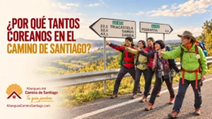 Peregrinos coreanos en el Camino de Santiago junto a señales hacia Triacastela, Samos y Sarria
