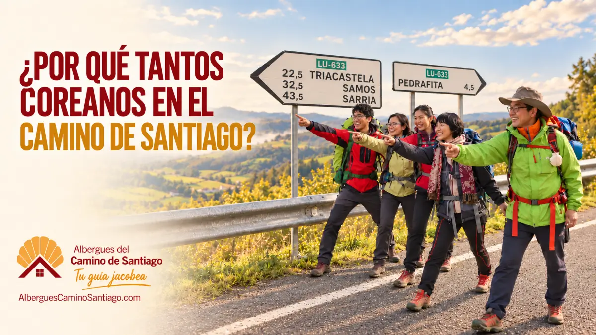 Peregrinos coreanos en el Camino de Santiago junto a señales hacia Triacastela, Samos y Sarria