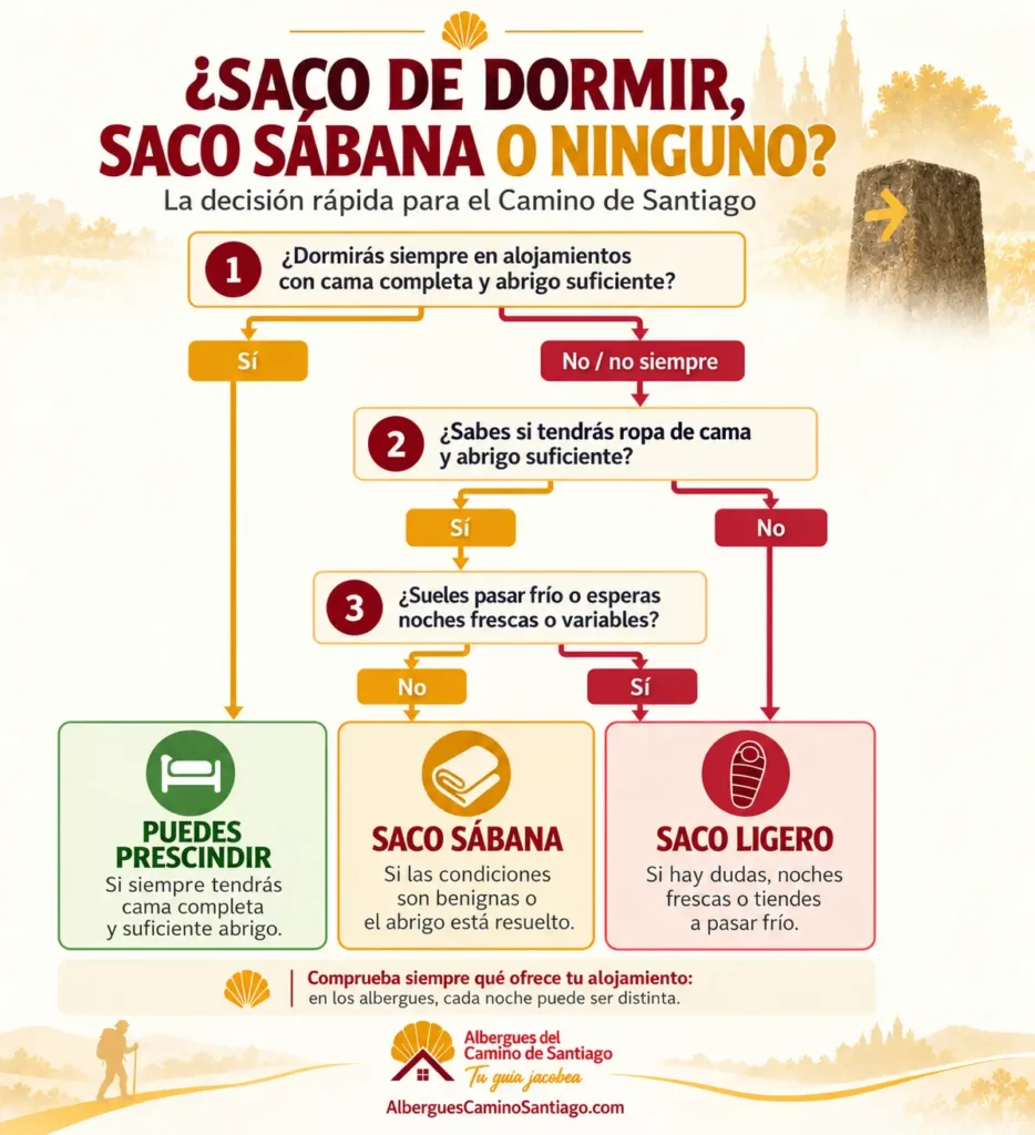 Infografía para decidir entre saco de dormir, saco sábana o ninguno en el Camino de Santiago
