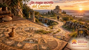 Tablero del Juego de la Oca que se transforma en un Camino de Santiago con peregrino, puente y señalización jacobea