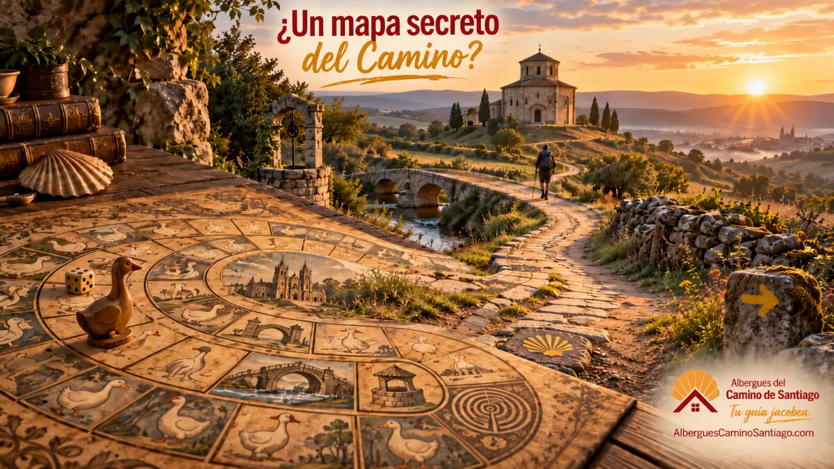Tablero del Juego de la Oca que se transforma en un Camino de Santiago con peregrino, puente y señalización jacobea