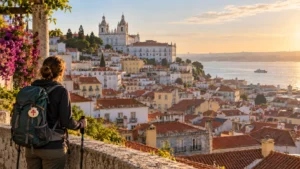 Peregrina contemplando los tejados de Alfama y el monasterio de São Vicente de Fora en Lisboa, antes de iniciar el Camino Portugués.