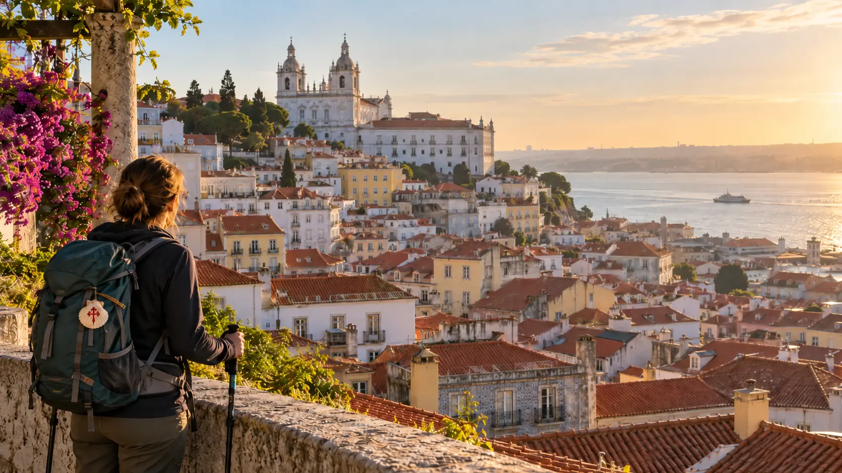 Peregrina contemplando los tejados de Alfama y el monasterio de São Vicente de Fora en Lisboa, antes de iniciar el Camino Portugués.