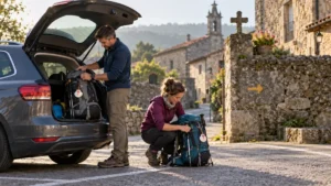 Dos peregrinos preparan sus mochilas junto a un coche aparcado en un pueblo gallego, cerca de una flecha amarilla del Camino de Santiago.