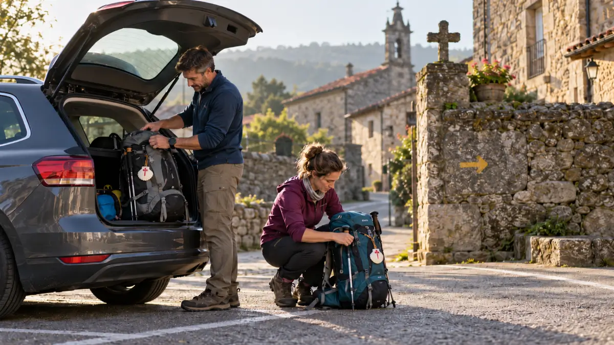 Dos peregrinos preparan sus mochilas junto a un coche aparcado en un pueblo gallego, cerca de una flecha amarilla del Camino de Santiago.