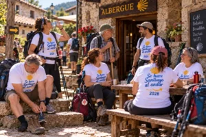 Grupo de peregrinos con camisetas personalizadas descansando junto a un albergue del Camino de Santiago.