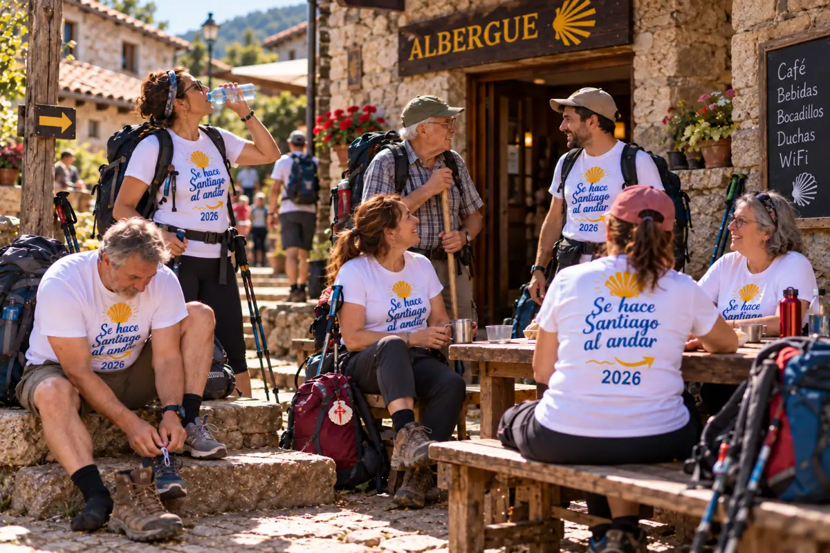 Grupo de peregrinos con camisetas personalizadas descansando junto a un albergue del Camino de Santiago.